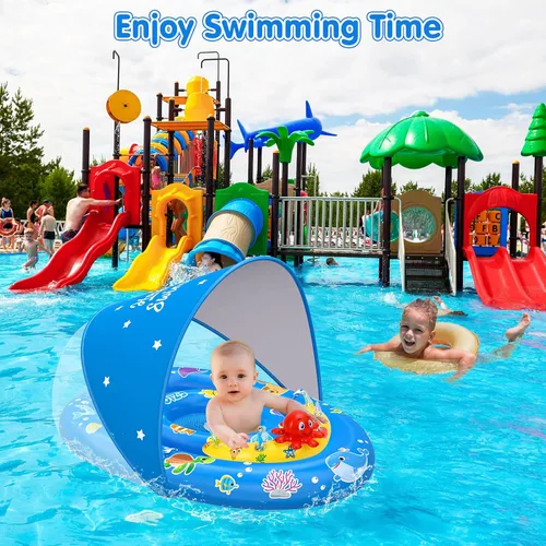Vista 5 de EZIGO Baby Pool Float with Canopy UPF50+ Sun Protection, Inflatable Kids Pool Floats with Ocean Animal Toys for Baby 6-36 Months, Infant Swimming