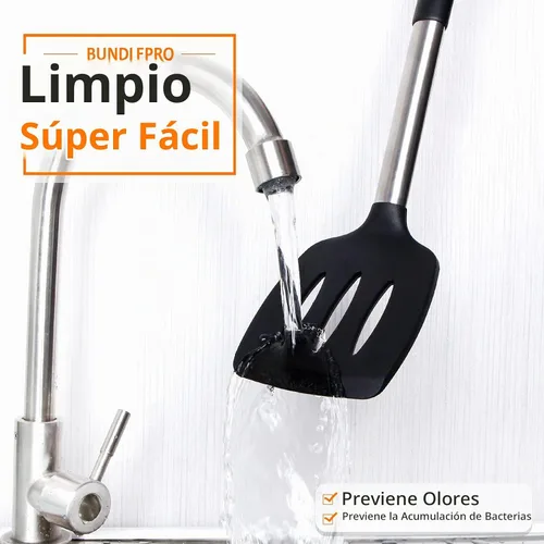 Vista 7 de Juego de utensilios de cocina de silicona, 8 utensilios de cocina antiadherentes con mango de acero inoxidable, herramientas de cocina resistentes