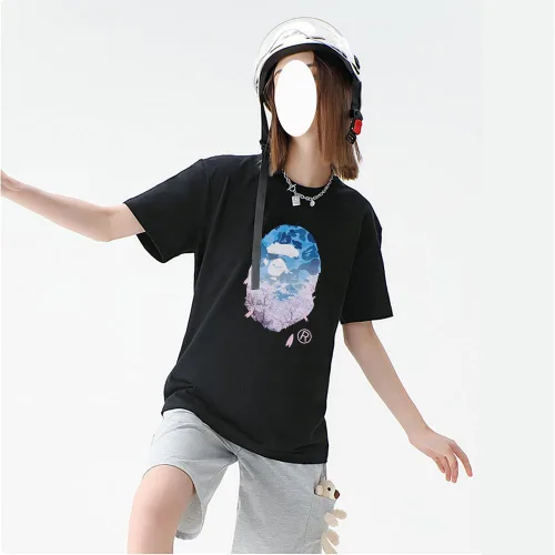 Vista 4 de Camisa Hip Hop Sakura Print Manga Corta Shark Ape Camiseta Cuello Redondo Dibujos Animados Algodón Top Hombres y Mujeres Jóvenes
