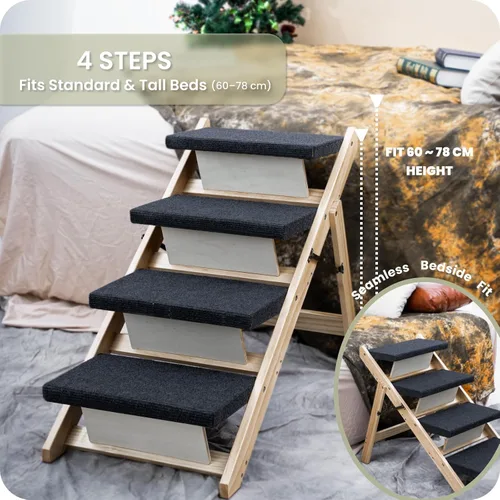 Vista 7 de MEWANG Wood Pet Stairs/Pet Steps - Escalera y rampa plegable de 2 niveles para perros, perfecta para camas y coches - Escalera portátil