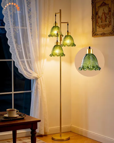 Vista 13 de Lámpara de pie moderna de cristal de 3 luces, lámpara alta de pie dorada con pantalla de vidrio de piña roja profunda, lámpara de pie LED regulable