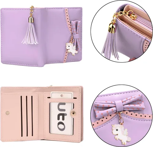 Vista 4 de UTO - Billetera para niñas de cuero vegano, lindo gato colgante, organizador de tarjetas, monedero para mujeres, Unicorn Ace Light Purple, S