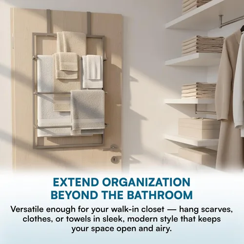 Vista 6 de Honey-Can-Do Toallero de 3 niveles para colocar sobre la puerta, organizador de almacenamiento de acero cromado para colgar toallas, ropa, batas