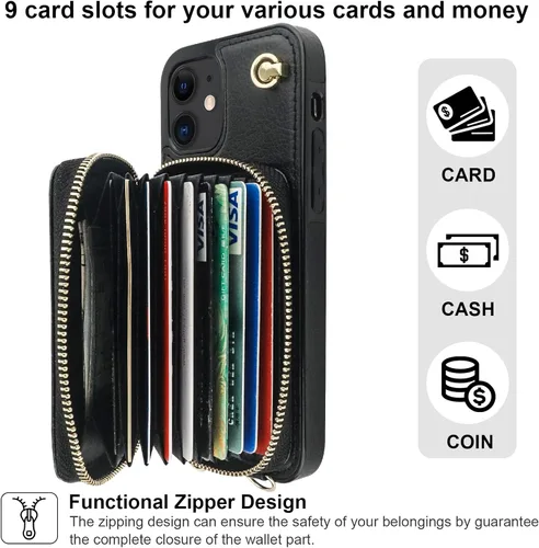 Vista 4 de Bocasal Funda tipo cartera cruzada para iPhone 12/12 Pro, funda de piel con bloqueo RFID y soporte para tarjetas, funda protectora con cremallera