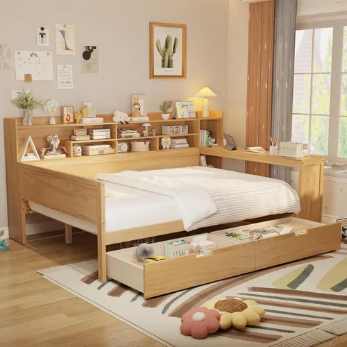 Vista 41 de Sofá cama de madera de tamaño matrimonial con 2 armarios de noche, estantes superiores y 4 cajones, marco de madera resistente, espacio de Marrón