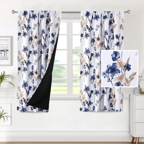 Vista 16 de H.VERSAILTEX cenefas de cortina 100% opacas para ventanas de cocina, juego de 2 paneles, estampado floral Cattleya Leah, cenefas térmicas aisladas
