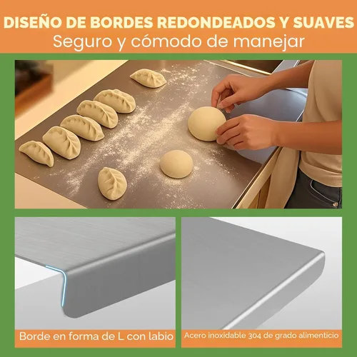 Vista 3 de Sakerplus Tabla de cortar de acero inoxidable con borde antideslizante, tabla de cortar de cocina para hornear, carne, verduras y pan, apta