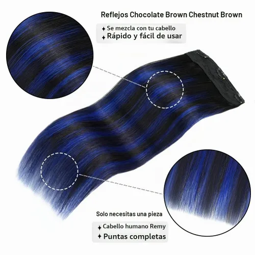 Vista 6 de Winsky - Extensiones de cabello humano real Remy - Una pieza azul balayage, extensiones de cabello con clip, 70 gramos para mujer