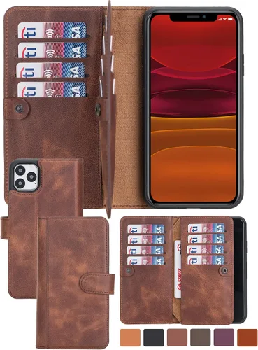 Vista 16 de HARDISTON Funda de piel auténtica de alta calidad hecha a mano para iPhone 7/8 / SE doble folio tarjetero - Funda magnética desmontable - Soporte