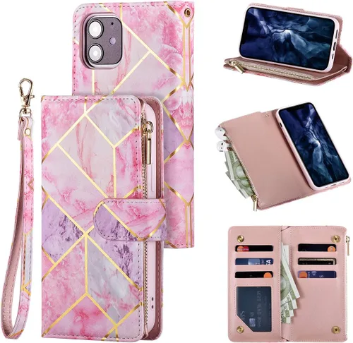 Vista 11 de UEEBAI Funda tipo cartera para iPhone 12/iPhone 12 Pro, funda de cuero PU con cierre magnético Bolso con cremallera Estuche de bolsillo con Negro