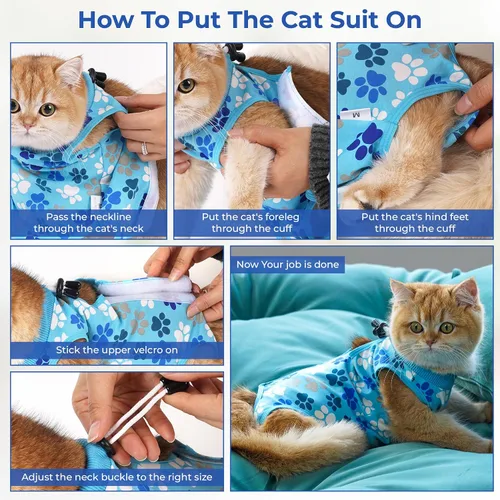 Vista 3 de Traje de recuperación para gatos: Traje de poscirugía azul suave para gatos con diseño de huella de pata - Traje de recuperación elástico