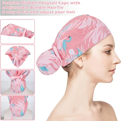 Vista 2 de Honoson 6 gorras de lactancia para mujer con botones ajustables para enfermera para cola de caballo para turbante bouffant