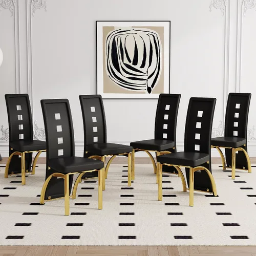 Vista 13 de Juego de 2 sillas de comedor modernas, juego de 2 sillas de comedor negras, sillas de cocina tapizadas de piel sintética con patas de metal dorado