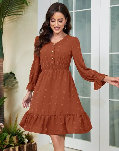 Vista 3 de Daisyaner Women's Dresses Summer Casual Dress Long Sleeve V Neck Swiss Dot Dress Smocked Short Beach Dresses