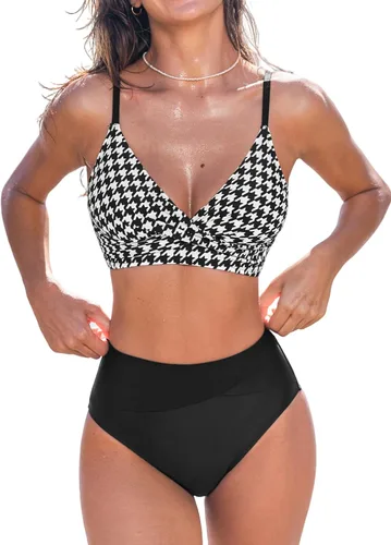 Vista 17 de CUPSHE Conjunto de bikini de dos piezas con cuello en V y cintura alta para Negro/Verde