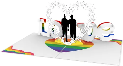 Vista 9 de iGifts And Cards Tarjeta desplegable 3D de corazón gay – Escultura floral Love is Love para el mes del orgullo, boda, aniversario y salida – Regalo