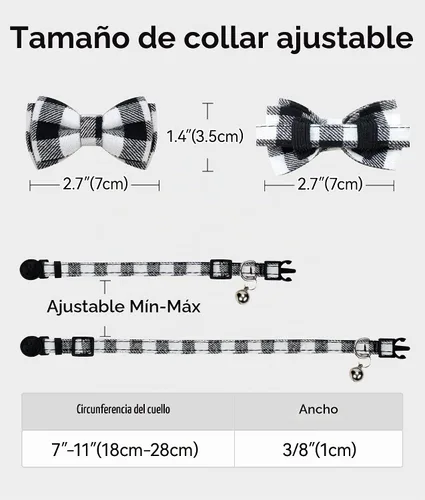 Vista 6 de Collar Joytale con corbatín y campana, lindos patrones de cuadros, 1 o 2 unidades de collares de seguridad para gato, Negro