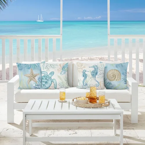 Vista 2 de Bonhause - Juego de 4 fundas de almohada decorativas de playa oceánica, almohadas costeras al aire libre de caballito de mar, tortuga, estrella