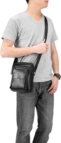 Vista 7 de BAIGIO Bolso de mensajero pequeño de cuero genuino para hombre, bolso de hombro para Ipad, bolso cruzado para hombre, bolso de viaje de negocios