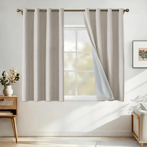 Vista 62 de Cortinas 100% opacas para dormitorio, cortinas opacas de 63 pulgadas de largo, cortinas opacas de lino para sala de estar, cortinas con ojales