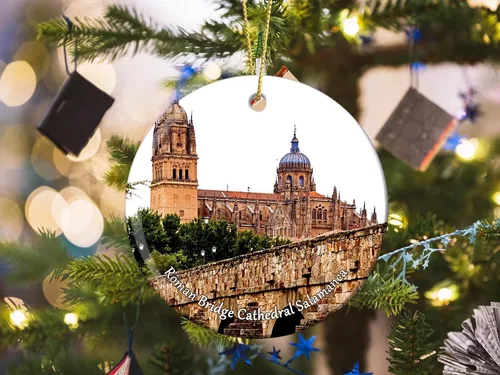 Vista 2 de España Puente Romano Catedral Salamanca Adornos de Navidad para árbol Colgante de cerámica Adorno de doble cara Decoración Regalos de Navidad