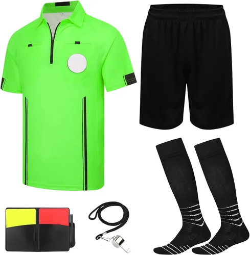 Vista 7 de VKT Kit de árbitro de fútbol, camiseta de árbitro de fútbol, pantalones cortos, calcetines de referencia, silbato, tarjeta roja y amarilla
