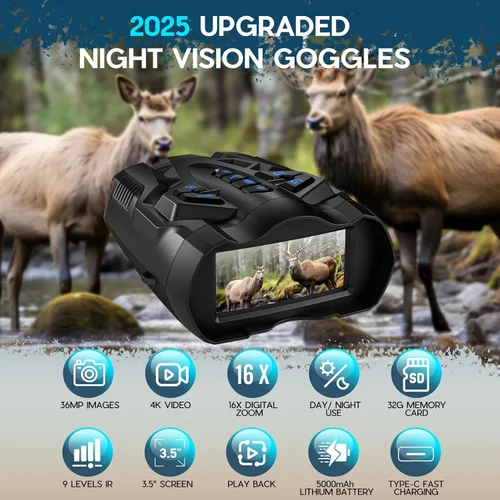 Vista 6 de WISHBETY Gafas de visión nocturna 4K para adultos, binoculares de visión nocturna con zoom de 16X con rango infrarrojo de 1000 pies, batería