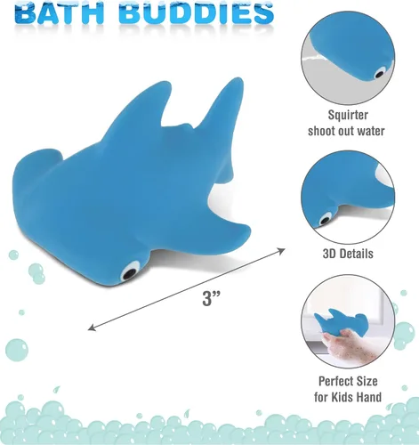 Vista 2 de DolliBu Hammerhead Shark Bath Buddy Squirter - Juguete flotante de goma de tiburón azul, divertido juego de baño para niños pequeños, lindo juguete
