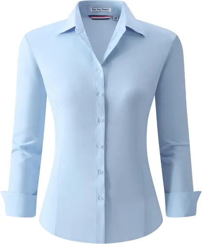 Vista 8 de Esabel.C - Camisa de trabajo con botones de manga larga para mujer, elástica, corte regular