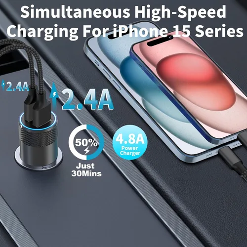 Vista 9 de 【MFi Certified】iPhone 16 Car Charger Fast Charging, SDNCIE 4.8A Dual USB Power Cigarette Lighter USB-C Car Charger Adapter+2Pack Type-C Braided