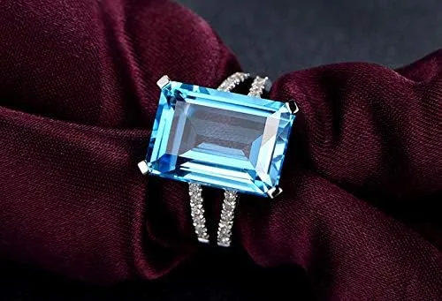 Vista 2 de Anillo de compromiso con topacio y zafiro, de plata 925, rectángulo, corte perfecto, anillo de compromiso solitario, anillo de compromiso