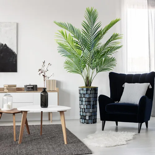 Vista 31 de Árbol artificial con diseño de hojas blancas y negras, palmera tropical areca artificial de seda para decoración del hogar en interiores y Diseño