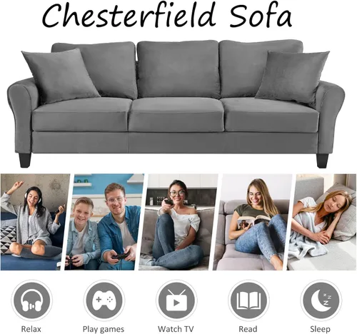 Vista 6 de Sofá tapizado de terciopelo de 3 plazas con 2 almohadas, sofá moderno de 78 pulgadas con patas de madera maciza para sala de estar, apartamento
