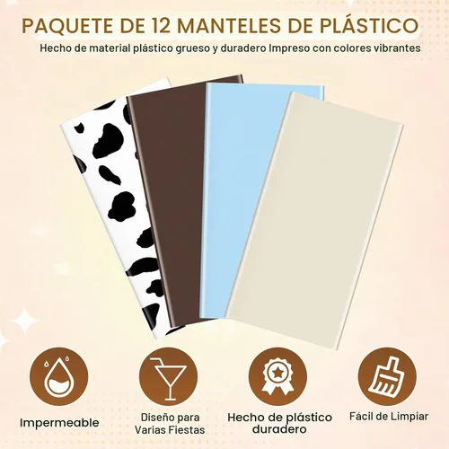 Vista 3 de Paquete de 12 manteles de plástico para baby shower de vaquero para mesas rectangulares, funda de mesa desechable con estampado de vaca, mantel