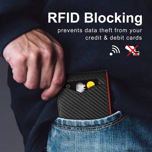 Vista 5 de GSOIAX Billetera delgada para hombre minimalista de cuero genuino fibra de carbono con bloqueo RFID de cuero vacuno plegable con caja de regalo