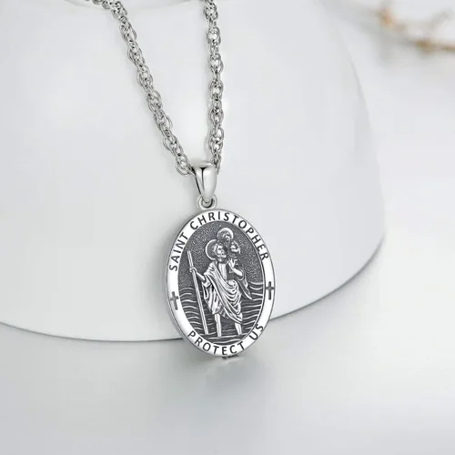 Vista 2 de LOOVE Collar de plata de ley 925 de San MiguelSan CristópaloCrucifijo de JesúsSan BenitoVirgen María milagrosa para hombres y mujeres arcángel