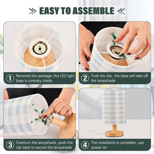 Vista 4 de Kigai Lámpara de mesa de cuadros azul para dormitorio, lámpara de noche LED para mesita de noche, lámpara de gingham, luz de guardería con puertos