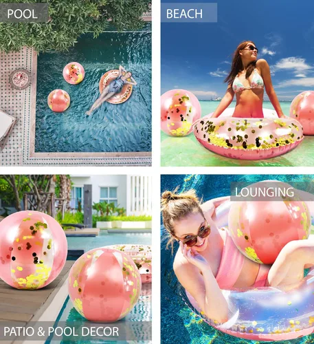 Vista 3 de Mozlly Paquete de pelotas de playa inflables de oro rosa y tubo de flotador de piscina, flotador de piscina y bola de playa con purpurina
