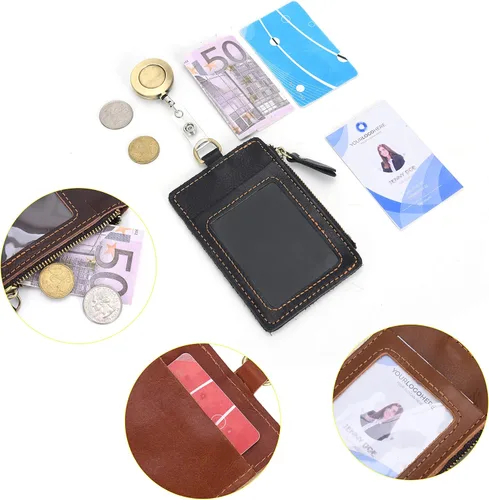 Vista 5 de Wonderpool Soporte de cuero para tarjetas de identificación con bolsillo con cremallera, ranuras para tarjetas, cordón desmontable para el cuello