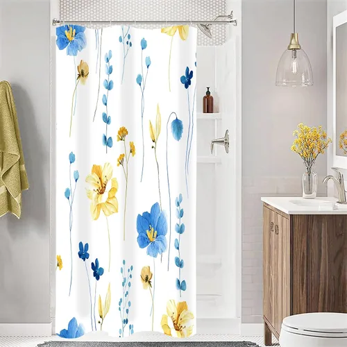 Vista 40 de Gibelle Cortina de ducha pequeña de 36 x 72 pulgadas, cortina de ducha estrecha de tela floral de media acuarela, juego de cortina de ducha Azul