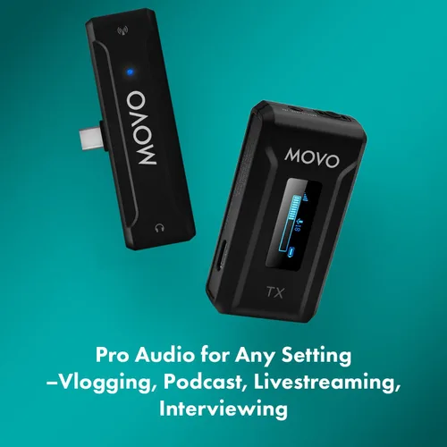 Vista 5 de Movo WMX-2-C Micrófono inalámbrico para dispositivos USB-C, sistema de micrófono inalámbrico Lavalier con estuche de carga, micrófono de solapa