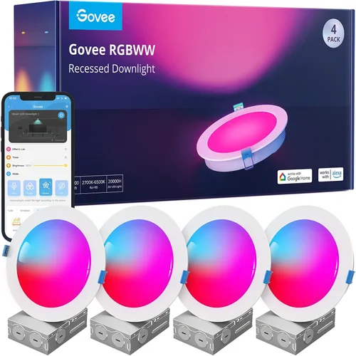 Vista 10 de Iluminación empotrable inteligente Govee de 4 pulgadas, luz LED RGBWW con conexión directa Wi-Fi Bluetooth, 65 modos de escena, compatible con Alexa