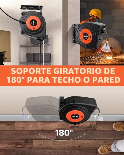 Vista 7 de DEWENWILS Carrete de cable de extensión retráctil, cable de alimentación resistente de 50 pies, 14AWG/3C SJTOW, 3 tomas de tierra con triple llave