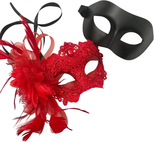 Vista 25 de MASQ Par de máscaras de encaje brocado para mascarada, Mardi Gras, cumpleaños, graduación, boda, fiesta Bk Lace W Pluma