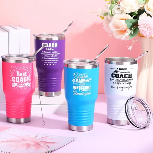 Vista 4 de Uiifan 4 juegos de vasos con tapas y pajitas, vaso de acero inoxidable de 30 onzas, regalo de agradecimiento para fútbol de baloncesto
