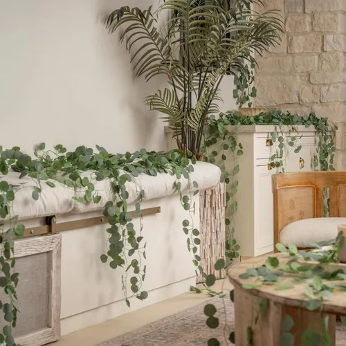 Vista 8 de CQURE Paquete de 14 guirnaldas de eucalipto, guirnalda de vegetación artificial de primavera, hojas de eucalipto sintético, enredaderas de mesa