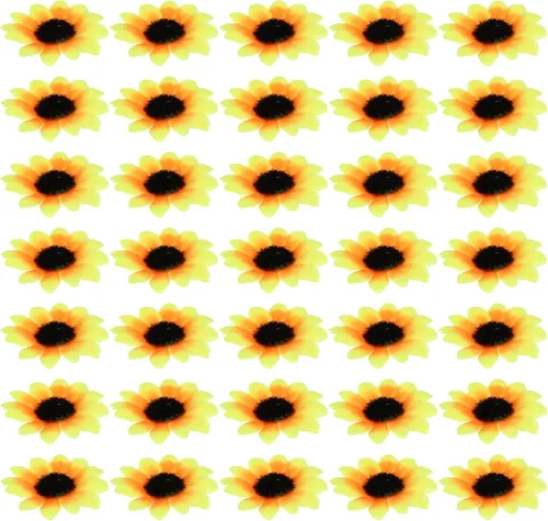 Vista 9 de Uonlytech 100 cabezas de girasol artificiales de plástico, cabezas de girasol pequeñas para decoración de pasteles de boda, fiesta en el hogar