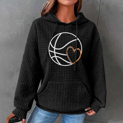 Vista 2 de SHENGXINY Sudaderas con capucha de baloncesto para mujer, ajuste atlético, a la moda, con bolsillo de gofre, casual, holgada, con capucha