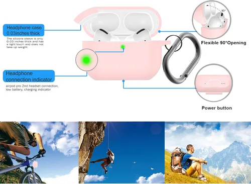 Vista 6 de Funda para Airpods Pro 2 con llavero, funda protectora de silicona suave rosa para Apple Airpods Pro Gen 2, LED frontal visible