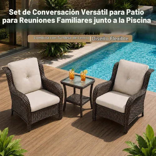 Vista 6 de HUMMUH Juego de 2 sillas de mimbre para patio, sillas de comedor de ratán de polietileno para exteriores, con cojines de asiento de 4 pulgadas